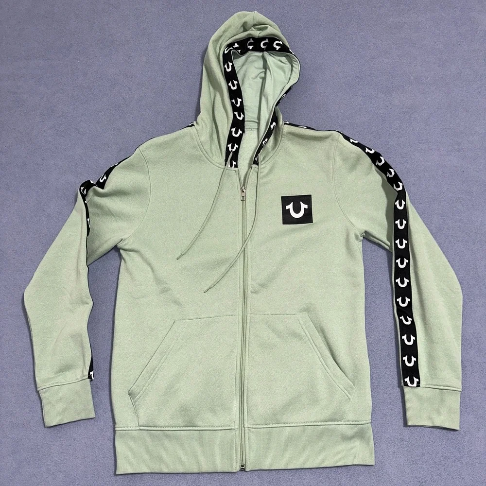 True Religion Logo Tape Trim Full Zip‎ Fleece Hoodie Light Green Mens Size M